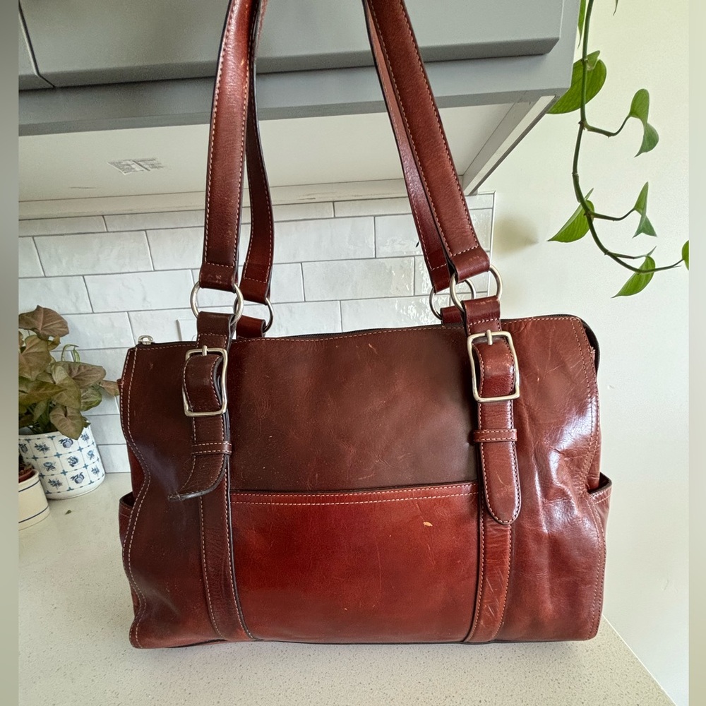 Vintage Fossil Large Brown Leather Business Laptop Tote Travel Purse Bag - Picture 4 of 11
